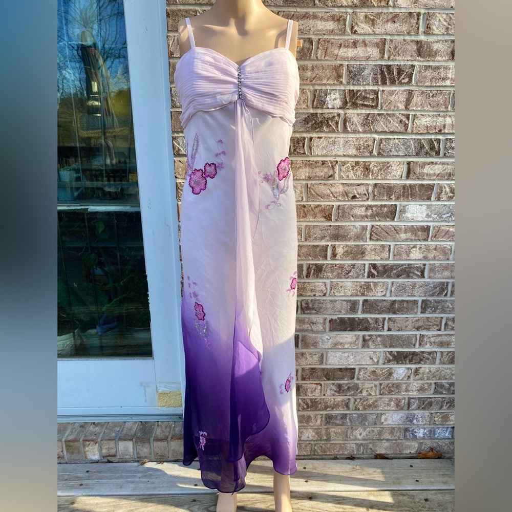 Vintage 90s/Y2K Watercolor Ombré Beaded Floral Purple and Pink Formal Dress